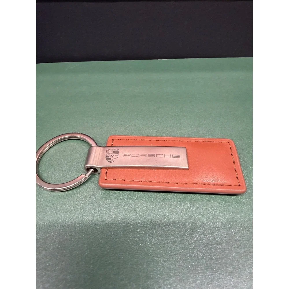 Porsche Leather Keychain Tan Braman Motorcars Metal Logo Key Fob Accessory